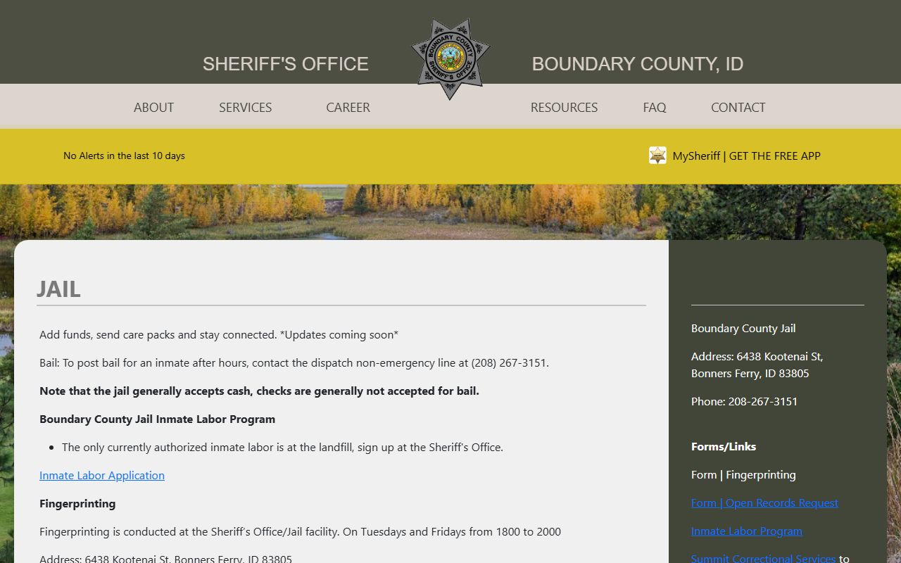 Boundary County Jail official page for inmate lookup and facility records