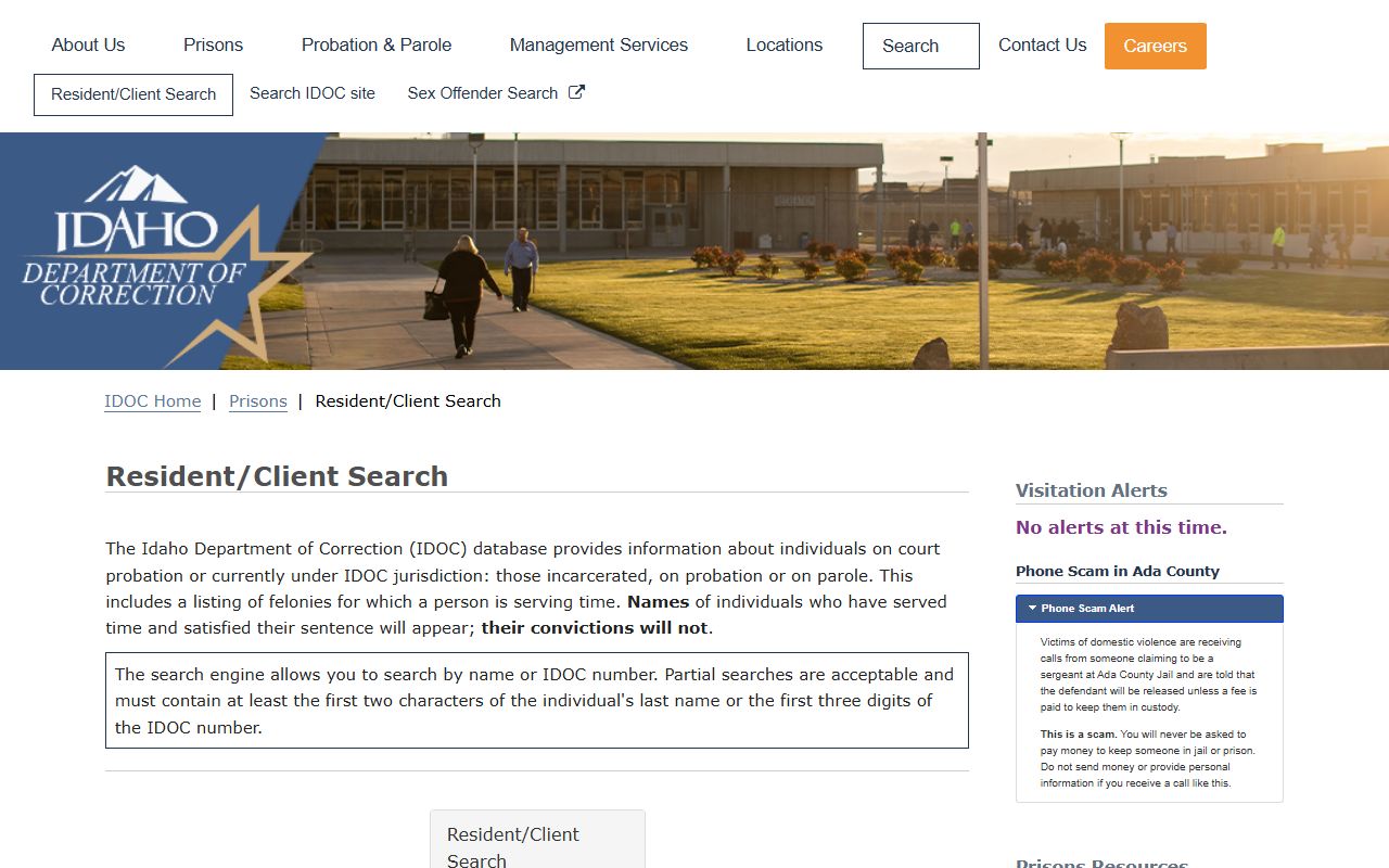 Boundary County inmate population IDOC resident client search